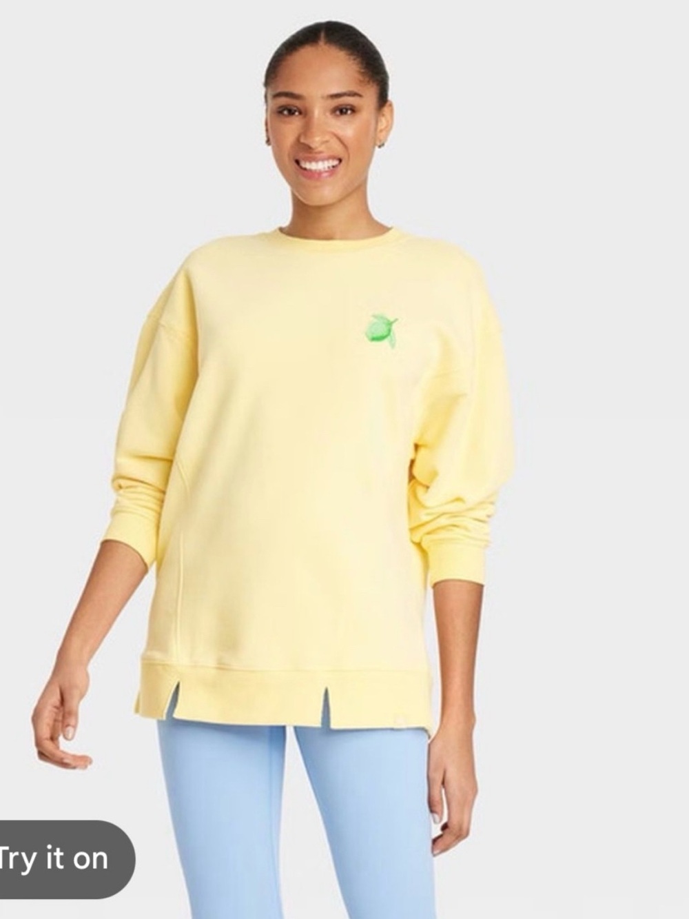 JoyLab Lemon Embroidered Pale Yellow Crew Sweatshirt
